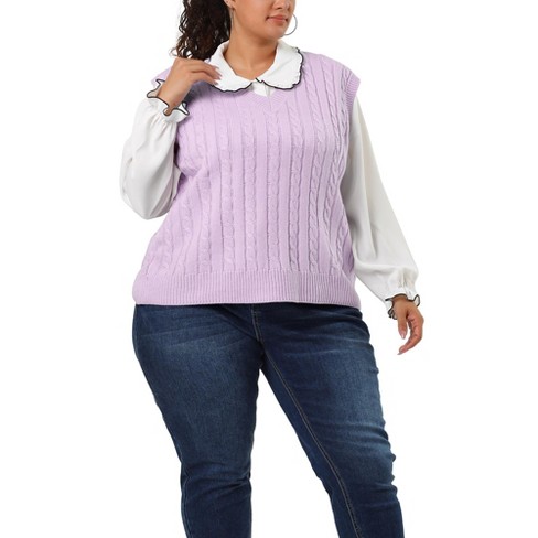 Agnes Orinda Women's Plus Size V Neck Knit Sleeveless Pullover Sweater  Vests Light Purple 3X