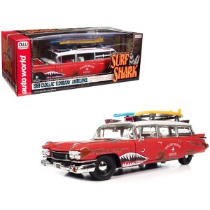 1959 Cadillac Eldorado Ambulance Red w/White Top Malibu Beach Rescue Weathered w/Surfboards 1/18 Diecast Model Car by Auto World - 1 of 4