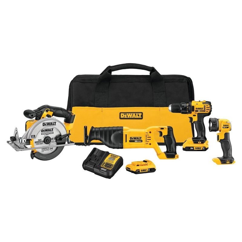 DeWalt 20V MAX 4 Power Tool Combo Kit Saw and Drill Set with Reciprocating Saw, Circular Saw, Compact Drill Driver, LED Worklight, and Storage Bag, 1 of 7