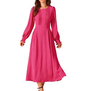 INSPIRE CHIC Women's Elegant Frilled Crewneck Midi Long Sleeve Pleated A-Line Flowy Dress with Pockets - 1 of 4