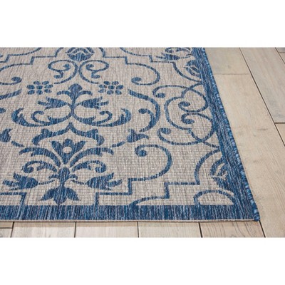 Country Side Chic Blue and Ivory Leaf Design Outdoor Rug