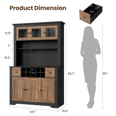 Garvee Coffee Bar Cabinet, 68.7 Inch Brown Farmhouse Kitchen Hutch with Led Light and Power Outlet for Dining Room — фото 2