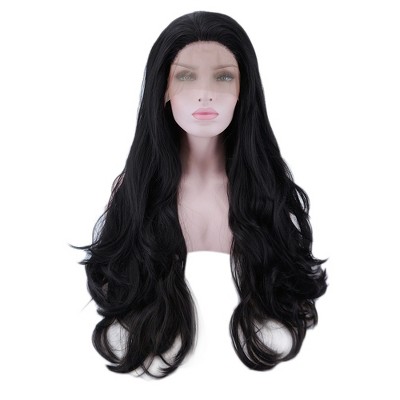 Unique Bargains Women's Long Natural Curly Lace Front Wigs with Wig Cap 24" Black 1PC