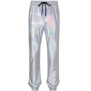 Mens Metallic Shiny Disco Pants Drawstring Waist Party Nightclub Dance Rave Cosplay Tapered Trousers with Pockets - 1 of 4