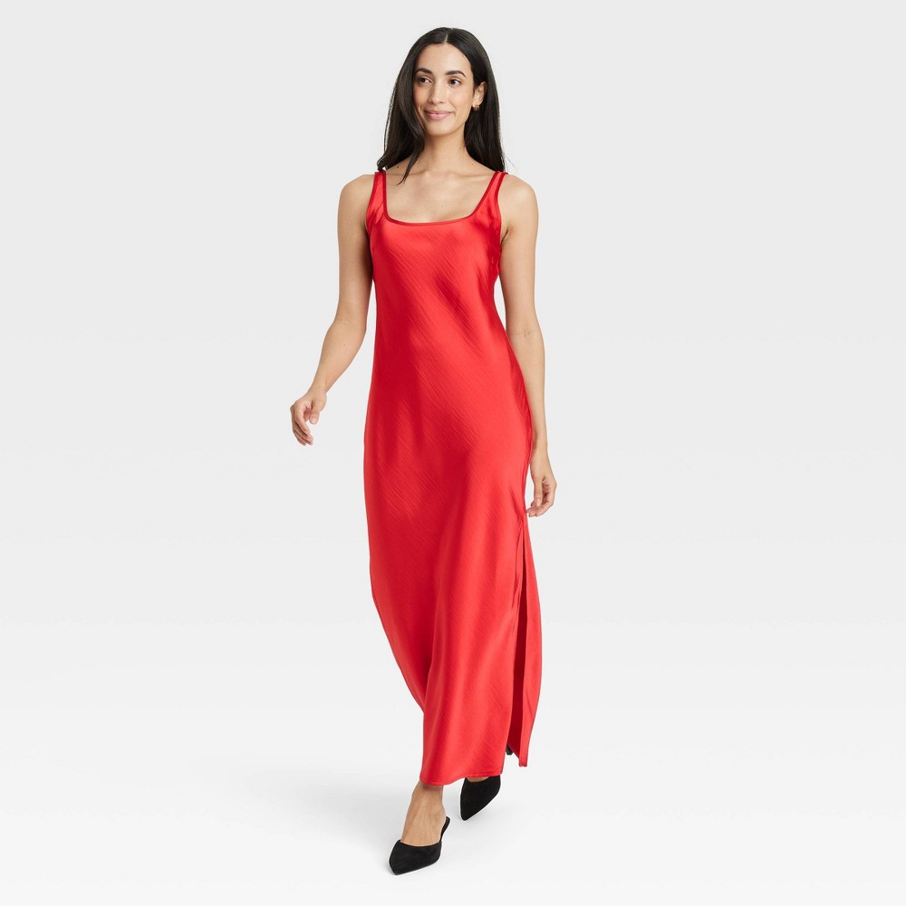 Women's Maxi Slip Dress - A New Day™ Red L: Recycled Polyester, Lightweight Satin, Sleeveless Scoopneck, Side Slit