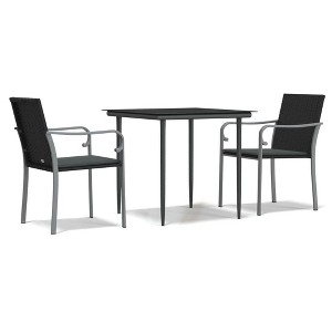 vidaXL Patio Dining Set Table and Chair with Cushions Poly Rattan and Steel - Black 31.5" Table Length 2 Items - 1 of 4