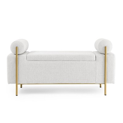 Airsurfer Elegant Upholstered Linen Storage Bench with Cylindrical Arms and Iron Legs, Perfect for Hallway, Living Room, or Bedroom