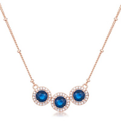 ShineHigh 3.1Ct Rose Gold Plated Sapphire Blue Tri-Halo CZ Pendant Necklace with 15.5" Chain + 2" Extender