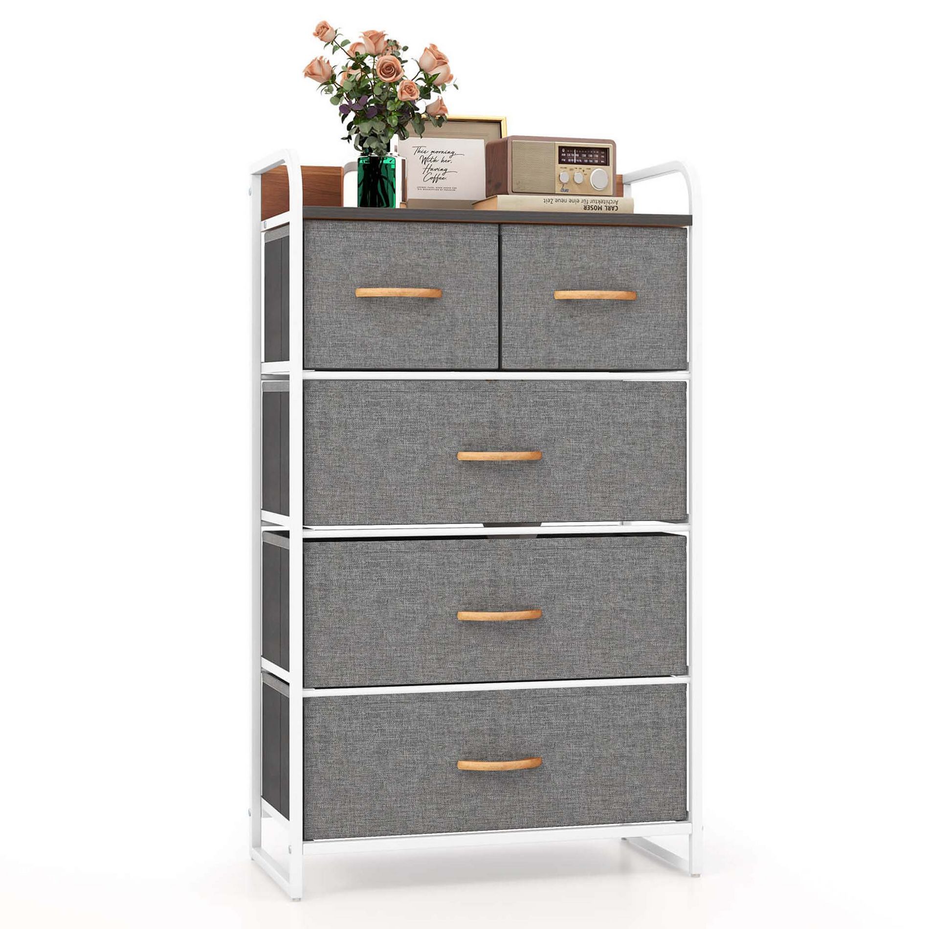 Costway 5-Drawer Dresser Storage 4-Tier Organizer Tower Steel Frame Wooden Top Gray