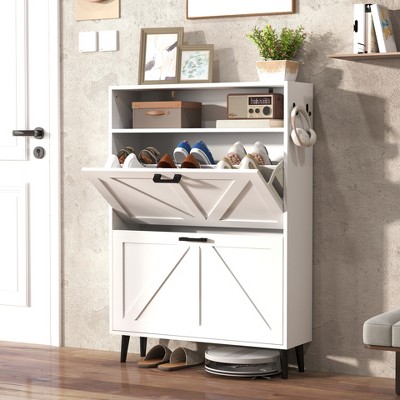 KTMBDW Shoe Storage Cabinet with 2 Flip Drawers, Freestanding Organizer with Metal Legs for Entryway, Narrow Shoe Rack Cabinet with Side Hooks
