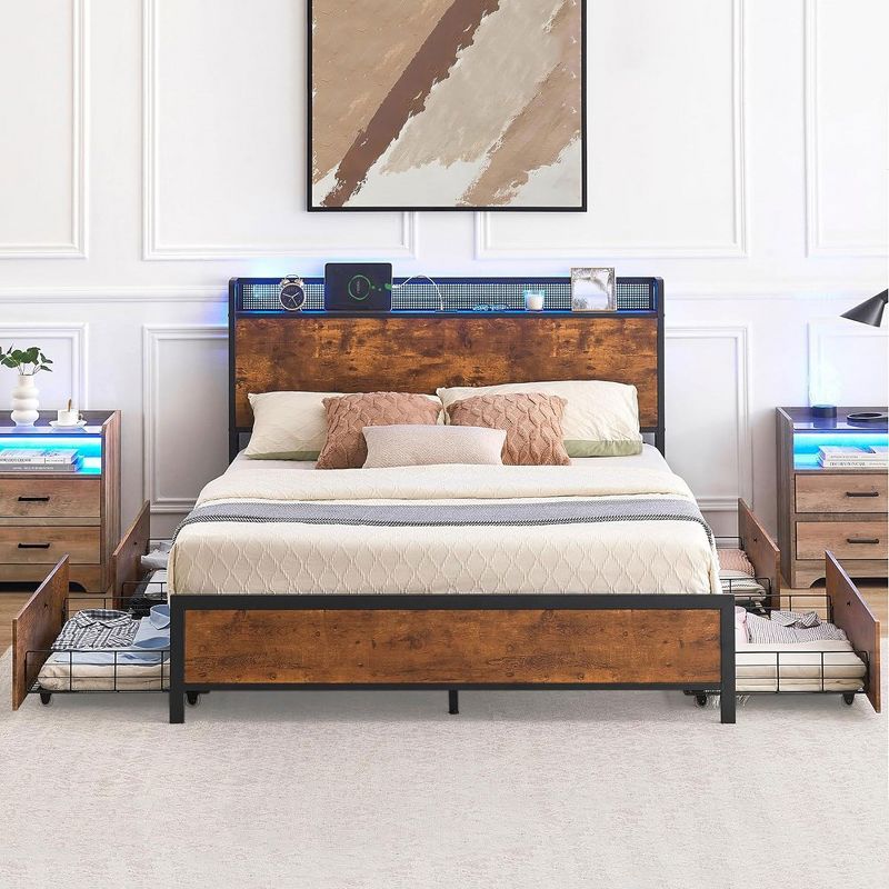 Whizmax Bed Frame with 4 Storage Drawers and Charging Station, LED Light Bed Frame with Storage Headboard, Brown, 2 of 9
