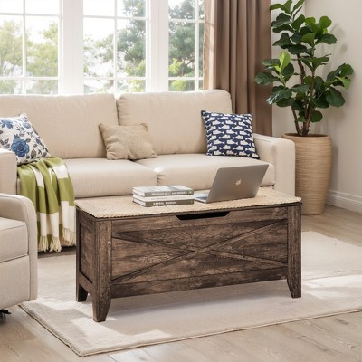 VECELO 18/30/43" Storage Ottoman Wooden Bench with Wicker-Knot Cushions Toy Box Organizer with Safety Hinges Charcoal Gray/White