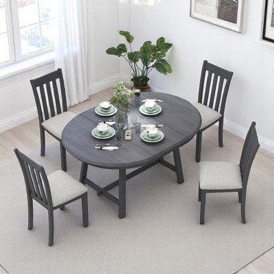 5-Piece Round Extendable Dining Table Set with 4 Chairs, Solid Wood Frame, Adjustable Table for 4, for Kitchen or Dining Room