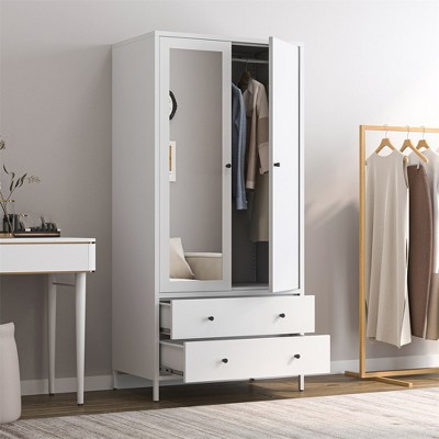 2 Door Armoire Wardrobe Closet, 47" Metal Wardrobe Cabinet with Drawers, Mirror & Hanging Rod, Clothing Storage Cabinet for Bedroom