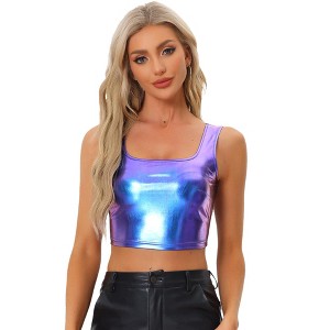INSPIRE CHIC Women's U Neck Sleeveless Party Clubwear Shiny Metallic Crop Tank Tops - 1 of 4