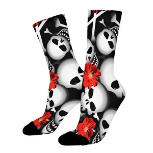 Skulls With Red Flowers Women Printed Crew Socks Funny Funky Socks Soft Polyester Novelty Gifts for Artists Men - 1 of 1