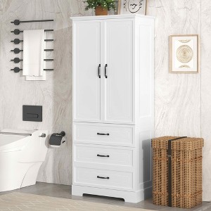 MAYEERTY Tall Bathroom Cabinet 2 Doors Drawers Adjustable Shelf MDF White - 1 of 4