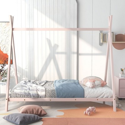 CAVINAS Tent-Shaped Bed Twin Size Modern Metal Bed Frame with Steel Slats and Triangle Bracket for Bedroom