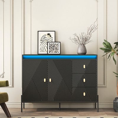 ORRD Fluted Sideboard Buffet Cabinet with LED Lights, 2 Doors & 3 Drawers, Modern Accent Storage Cabinet for Dining Room or Kitchen, Black