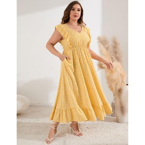 Womens Plus Size Casual Sleeveless Maxi Dress Ruffle Sleeve A Line Swing Summer Maxi Dress with Pockets - 1 of 4