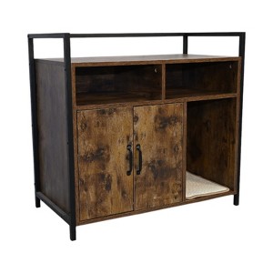 Gulches Rustic Brown Wooden Cat Litter Box Enclosure Hidden Furniture with Scratching Mat Sturdy PB MDF Melamine Black Metal Frame - 1 of 4