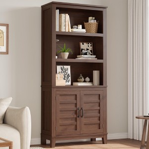 71" Bookcase with Door & 5 Tier Open Shelf Storage, Wooden Farmhouse Rustic Vintage Etagere Bookshelf Cabinet for Office, Living Room, Bed Room, Brown - 1 of 4