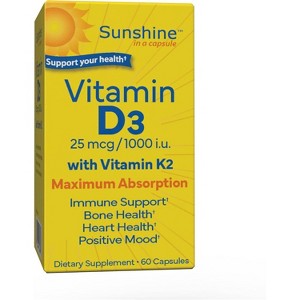 Sunshine Vitamin D3 1000IU With Vitamin K2 Capsule, 60 Ct - 1 of 4