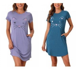 INSPIRE CHIC Women's 2 Pcs Cats Printing Pajamas Cute Printed Sleep Dress Short Sleeve Nightgowns - 1 of 4
