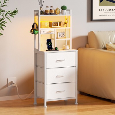 Furnulem Tall Night Stand with 3 Fabric Drawers and LED Lights, Nightstand with Bookshelf
