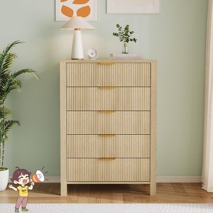 Jojoka Natural Rattan Dresser with Gold Handles, Mid Century Wood Storage Organizer for Bedroom, Living Room, Hallway, Entryway - 1 of 4