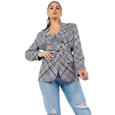 Slickblue Long Sleeve Belted Oversized Blazer for Women, Lined with Front Button and Pockets, Grey, Size S-L