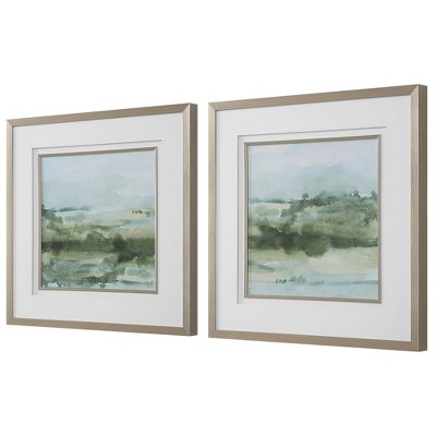 Soft Sage Abstract Landscape Prints with Champagne Gold Frame