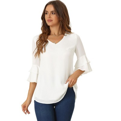 Allegra K Women's V Neck Casual Ruffle Tiered Bell Sleeve Loose Tunic Blouses