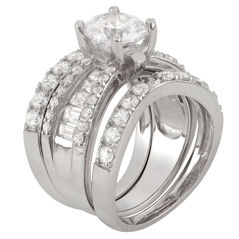 3.91 CT. T.W. 8mm Round-Cut Cubic Zirconia with Baguette Side Stones 3-Piece Ring Set In Sterling Silver - (8), 2 of 4