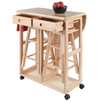 Light Wood Folding Table with 2 Stools and Wheels