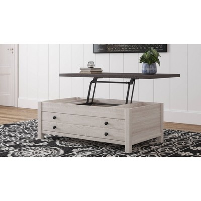 Brown and White Rectangular Lift-Top Coffee Table with Storage