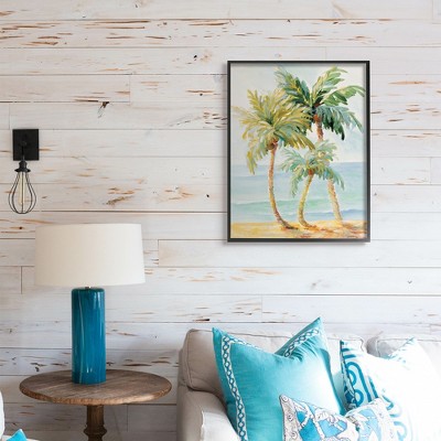 Tropical Palm Trees Coastal Beach Sand Black Framed Canvas Print