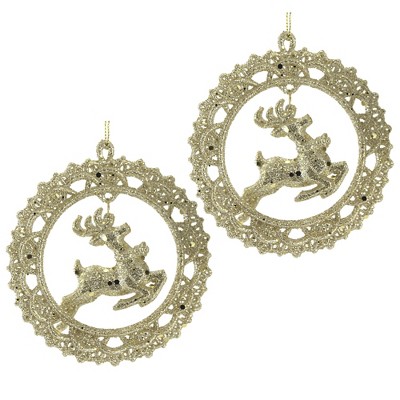 Holiday Ornament 4.0" Deer In Wreath Set/2 Glittered Gold  -  Ornament Sets