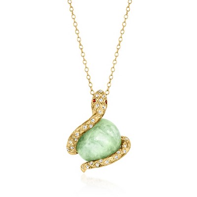 Ross-Simons 14mm Jade and .10 ct. t.w. White Topaz Snake Pendant Necklace With Garnets in 18kt Gold Over Sterling Size 18