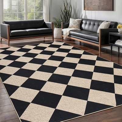Geometric Checkered Easy Jute Area Rug Indoor Outdoor Rug Washable Non-Slip Rugs for Living Room Bedroom Patio