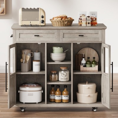 Kitchen Island with Storage, 41" Drop Leaf Table, Mobile Coffee Bar Station, 2 Cabinets, 2 Drawers, 3 Shelves