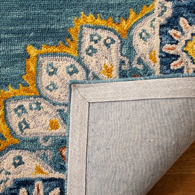 Handmade Floral Tufted Wool Area Rug, Blue and Gold, 4' x 6'