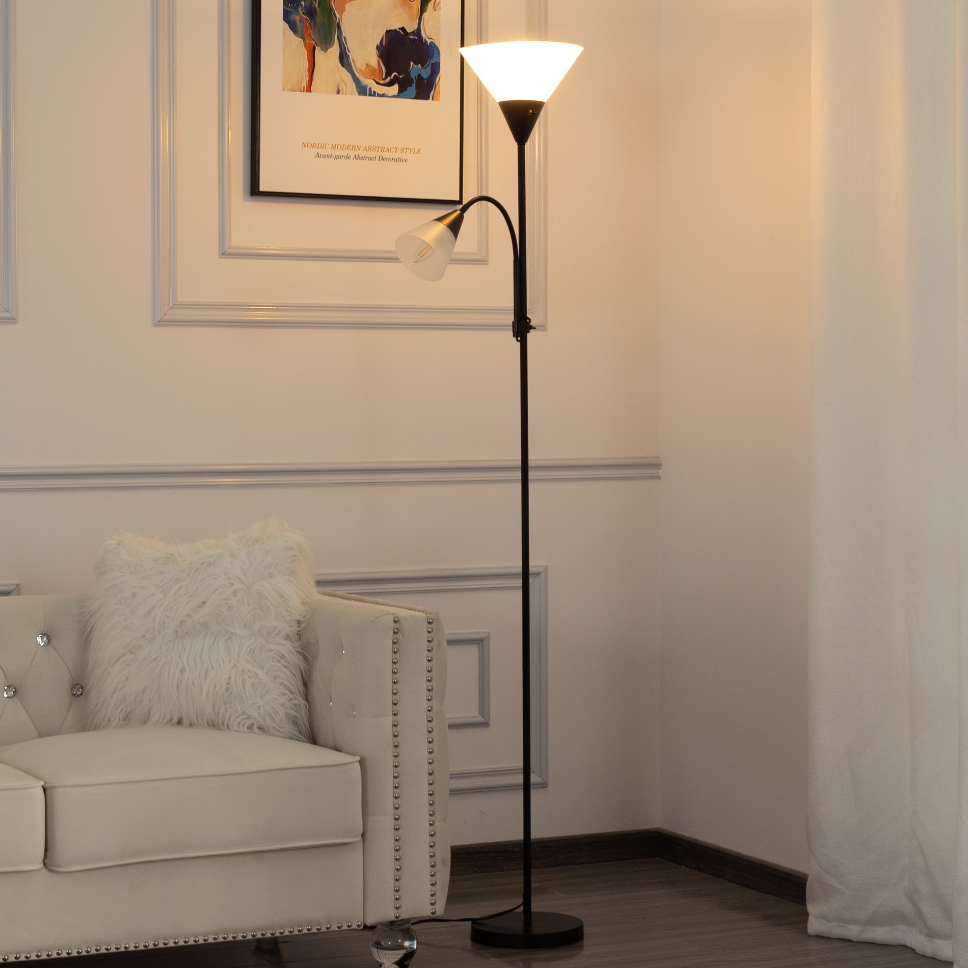 BSHTI Black Torchiere Floor Lamp with Reading Light, Adjustable, 16.9"x11.8"x71.3"H, Dual Switches, Space-Saving for Living Room, Bedroom,E26 Socket