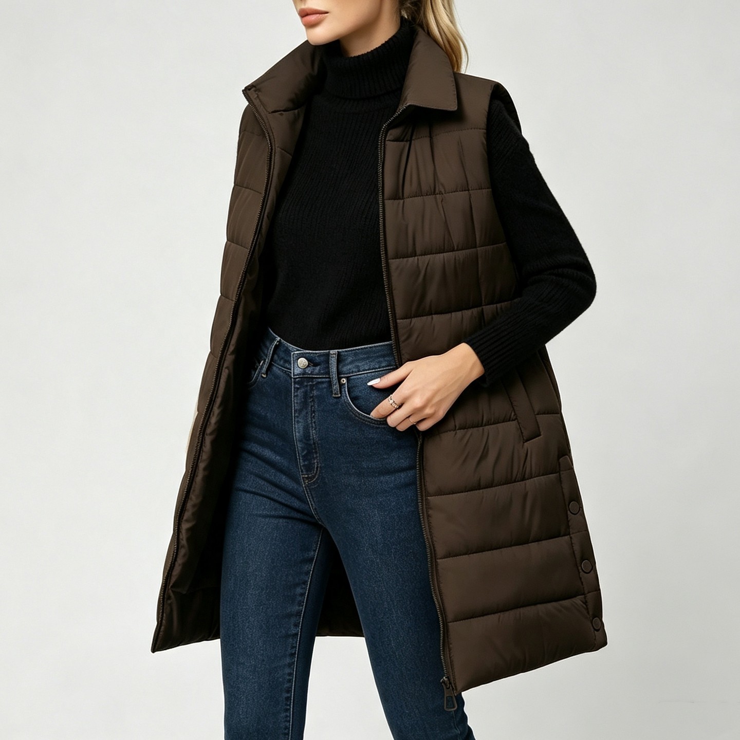 Женский жилет YesFashion Long Puffer Vest, Stand Collar Full Zip Sleeveless Quilted Vest with Pockets, Warm Outerwear Gilet Brown, цвет: Коричневый — фото 3
