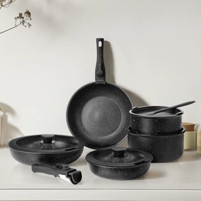 Non Stick Pots and Pans Set, 12pcs Kitchen Cooking Pots and Frying Sauce Saute Pans Set with Kitchen Utensils and Lid, Black