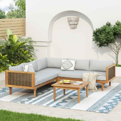 Outdoor Sectional Sofa Set with Table, Modular Corner Design Sofa for Patio Use, Acacia Wood Frame Sofa with Gray Polyester Cushions-Coolbibila