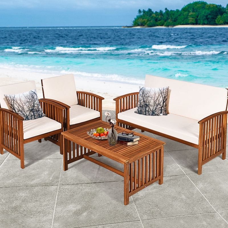 Costway 4PCS Patio Solid Wood Furniture Set Conversation Coffee Table W/White Cushion, 2 of 11