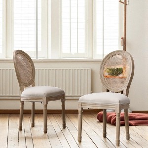 Mshliw Set of 2 French Style Linen Dining Chairs with Solid Wood Frame, Foam Cushion and Rattan Backrest, Accent Chairs for Dining Room - 1 of 4