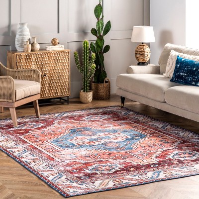 Blue Rectangular Synthetic Medallion Washable Area Rug