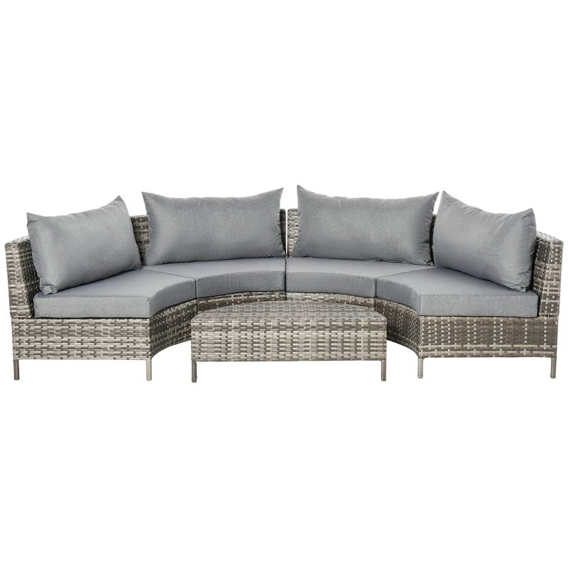 Outsunny 5-piece Half-Moon Outdoor Sectional Sofa, PE Rattan Wicker Furniture with Couch, Table & Cushions, Gray, 4 of 9